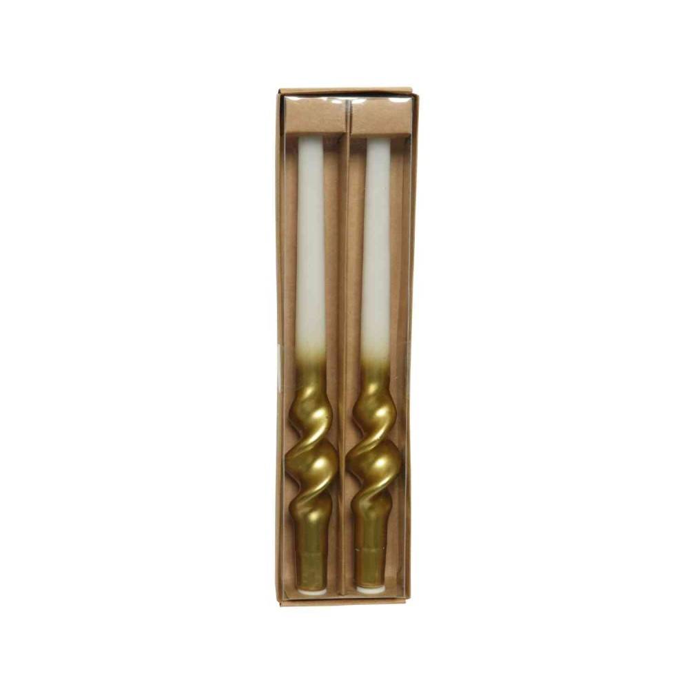 Elegant gold and white spiral candlesticks in a simple box, perfect for decor.