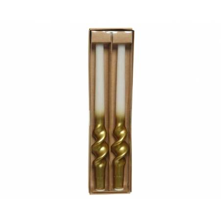 Elegant gold and white spiral candlesticks in a simple box, perfect for decor.