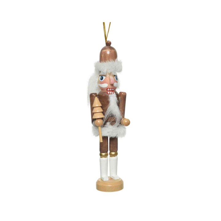 Houten notenkraker met een schattig gezicht, gekleed in bruin en wit, met een houten staf.
