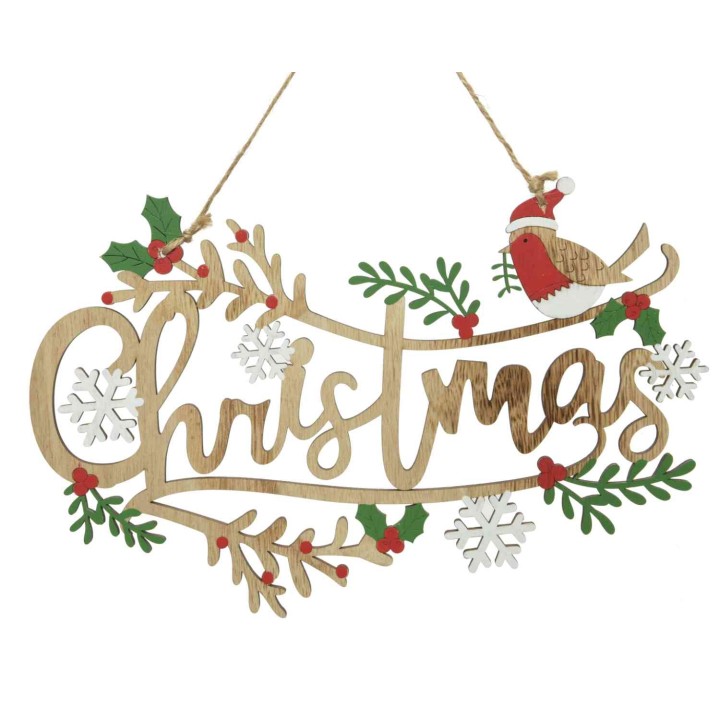 Houten kerstdecoratie met 'Christmas', takken, bessen en een vogel in feestelijke kleuren.