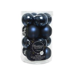 Een transparante doos met 16 donkerblauwe kerstballen in verschillende afwerkingen.