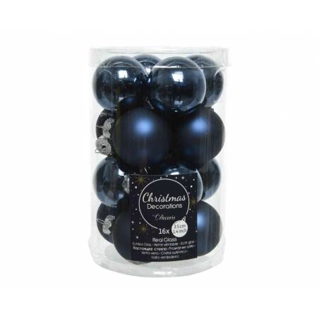 A clear container filled with shiny navy blue Christmas ornaments in various finishes.
