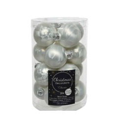 A transparent container filled with shiny silver glass Christmas ornaments.