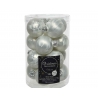 A transparent container filled with shiny silver glass Christmas ornaments.