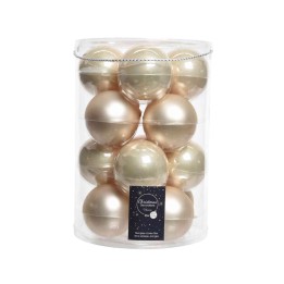 Transparante container met glanzende, goud- en zilverkleurige kerstballen in verschillende maten.