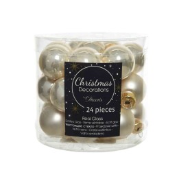 Transparante doos met 24 glanzende kerstballen in goud- en crème tinten.
