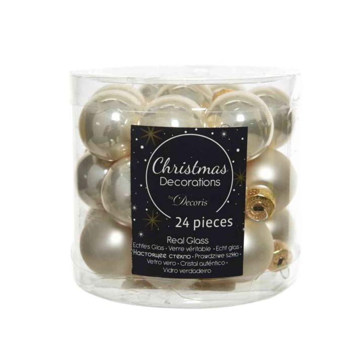 Transparante doos met 24 glanzende kerstballen in goud- en crème tinten.
