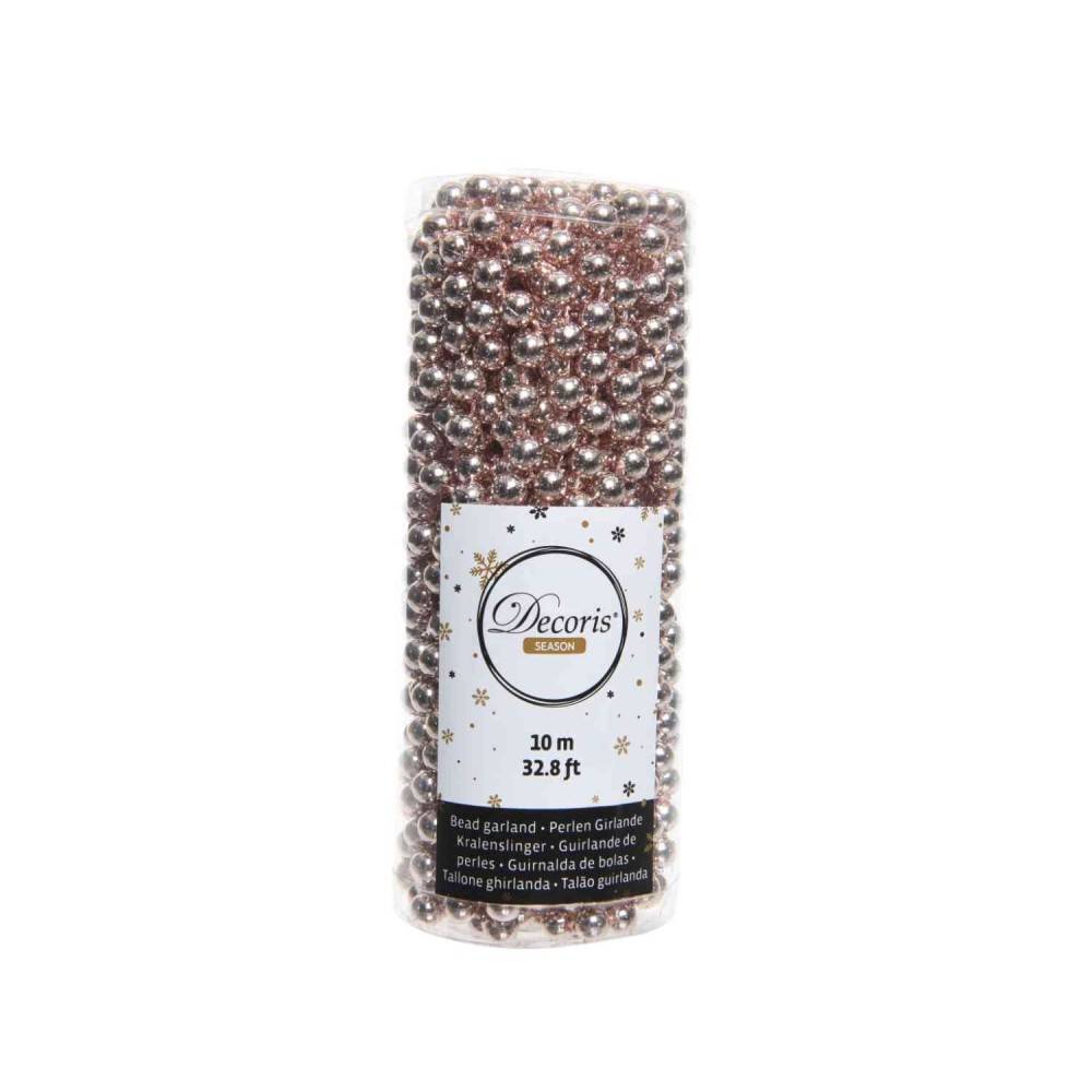A cylinder filled with shiny, metallic beads in rose gold color, measuring 10 meters long.