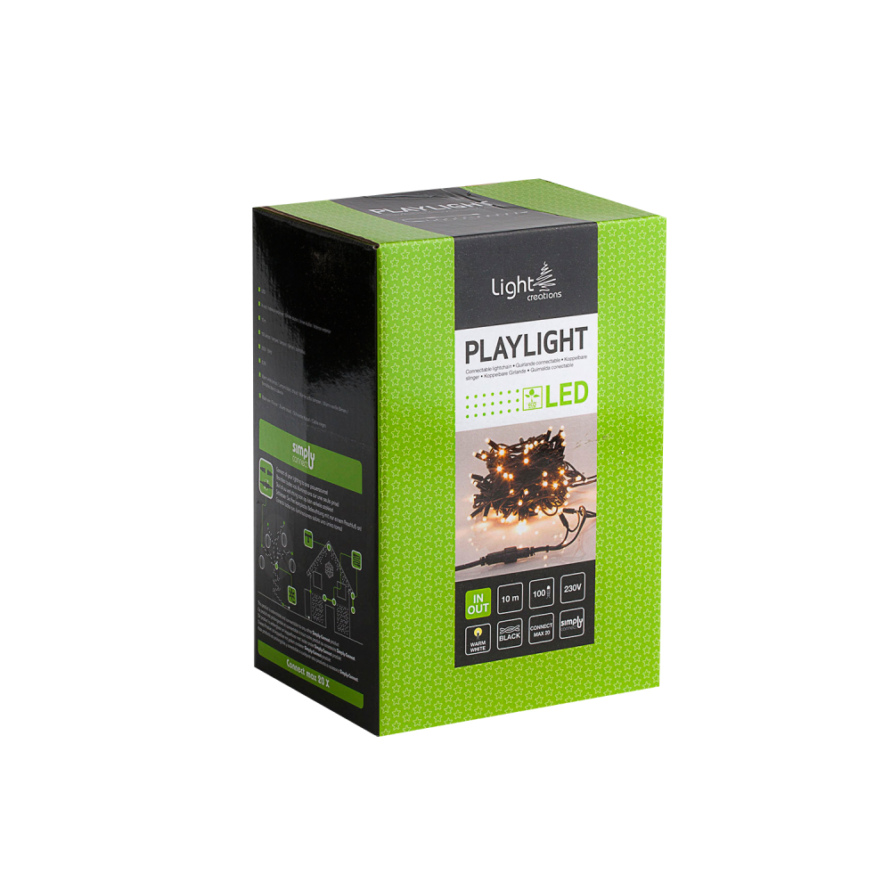 A green and black box showcasing LED string lights, featuring bright lights and a modern design.