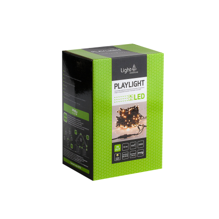 A green and black box showcasing LED string lights, featuring bright lights and a modern design.