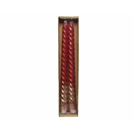 Two twisted red candles with a glittery base, packaged in a simple cardboard box. Two twisted red candles with a glittery base, packaged in a simple cardboard box.
