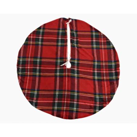 A round, red plaid fabric with a white drawstring at the top.