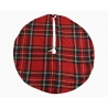 A round, red plaid fabric with a white drawstring at the top.