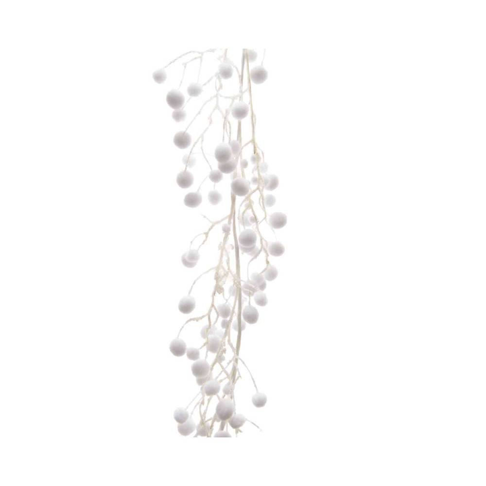 Delicate white garland with soft, rounded pom-poms on thin, twisting branches.