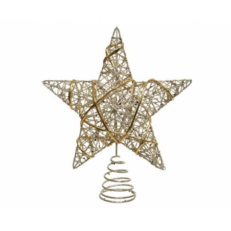 Gouden ster van dunne draad met spiralen, elegant en feestelijk, geschikt voor op een kerstboom.