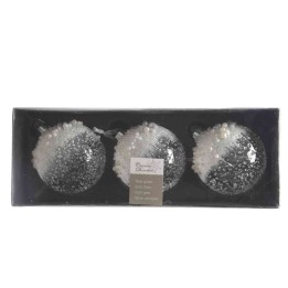 Drie glazen kerstballen in zwart-wit met een glinsterende, sneeuwachtige afwerking.