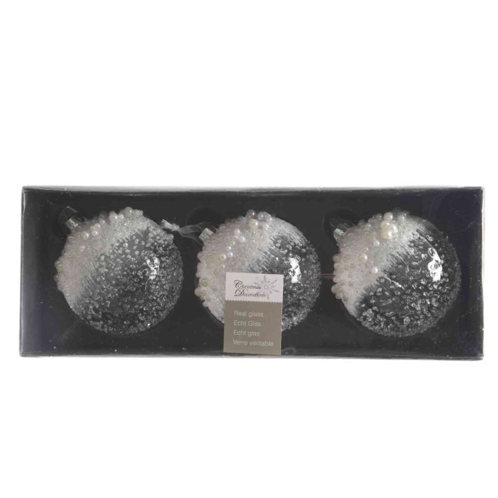 Drie glazen kerstballen in zwart-wit met een glinsterende, sneeuwachtige afwerking.