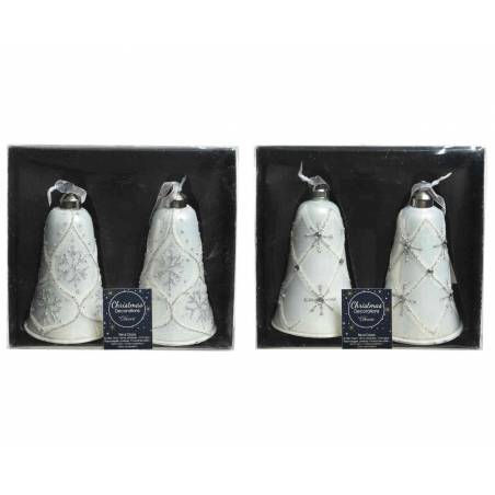 Two sets of elegant white decorative bells with delicate snowflake patterns, packaged in a sleek ...