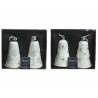 Two sets of elegant white decorative bells with delicate snowflake patterns, packaged in a sleek ...