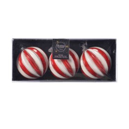 Drie grote kerstballen in rood en wit gestreept, verpakt in een zwarte doos.