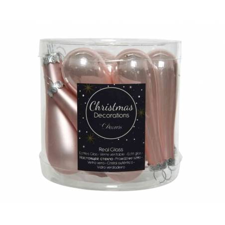 A clear container holds elegant pink glass Christmas ornaments, shaped like teardrops and bulbs.