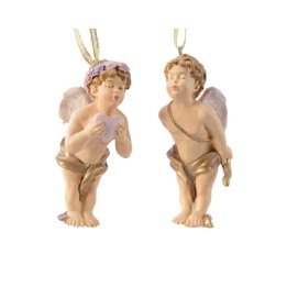 Twee schattige engeltjes met gouden accenten en pastelkleuren, met vleugels en bloemenkransen.