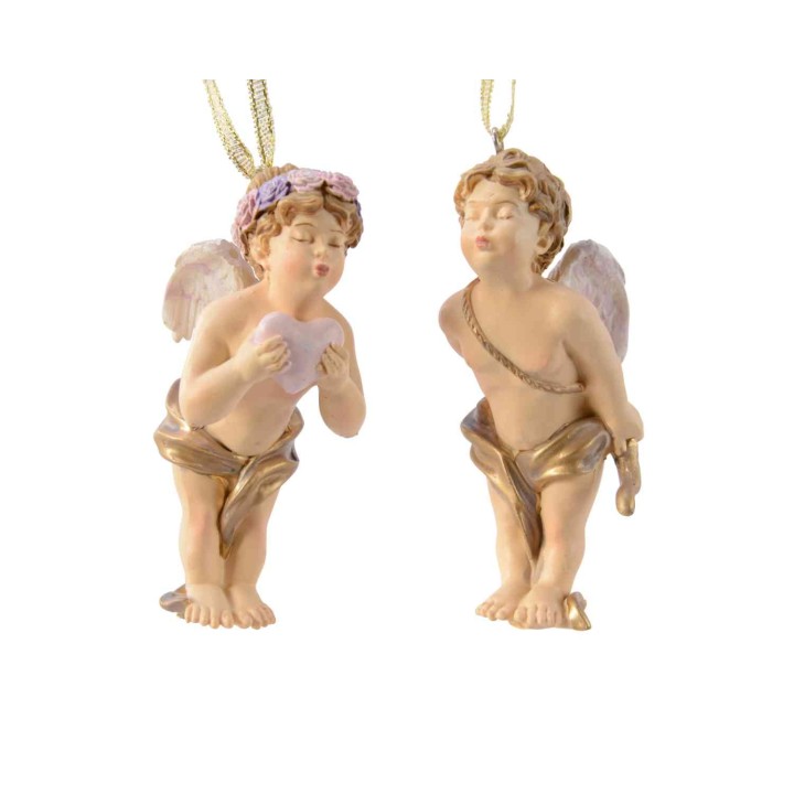 Twee schattige engeltjes met gouden accenten en pastelkleuren, met vleugels en bloemenkransen.
