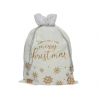 A festive white bag with gold lettering and snowflake designs, topped with a soft drawstring.