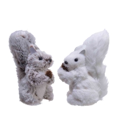 Two plush squirrels, one grey and one white, holding pinecones, with soft, fluffy fur.