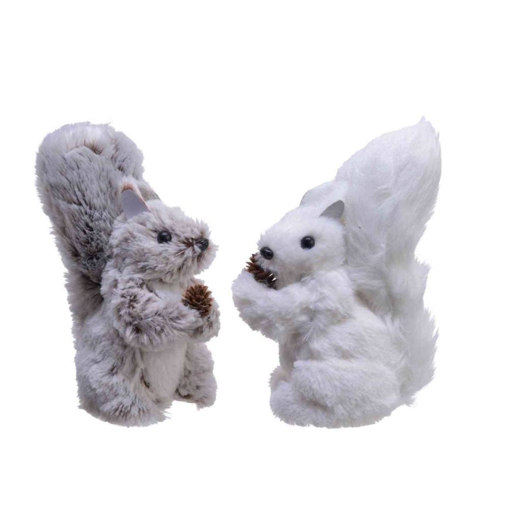 Two plush squirrels, one grey and one white, holding pinecones, with soft, fluffy fur.
