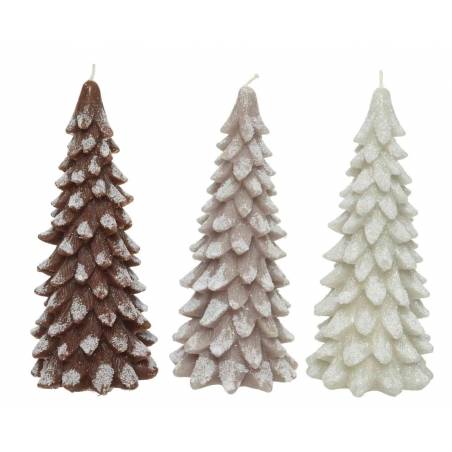 Three decorative candles shaped like pine trees, in brown, soft pink, and white with glitter.