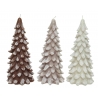 Three decorative candles shaped like pine trees, in brown, soft pink, and white with glitter.