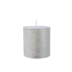 A cylindrical silver candle with a textured surface and a central wick.