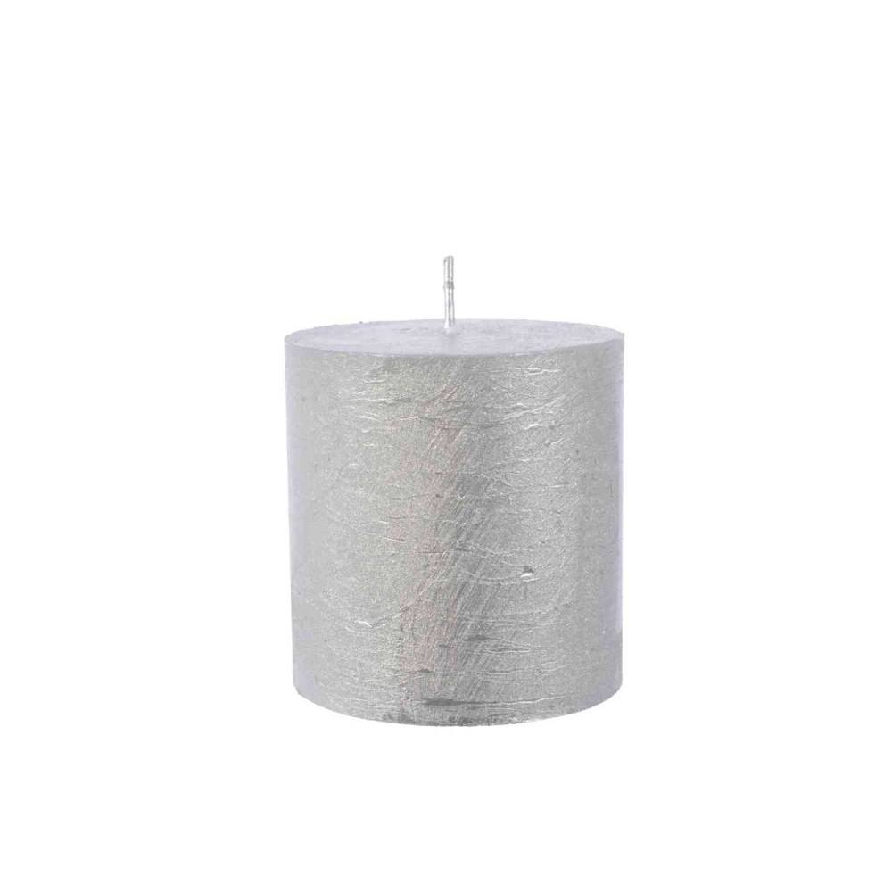 A cylindrical silver candle with a textured surface and a central wick.