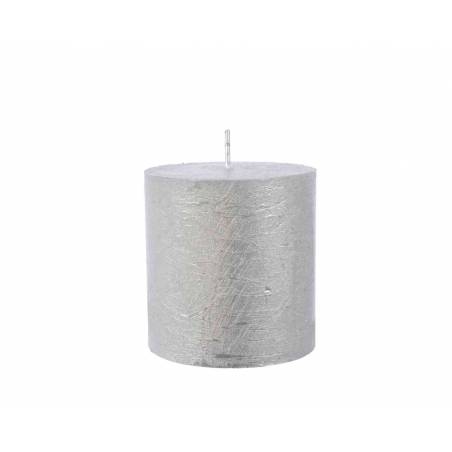 A cylindrical silver candle with a textured surface and a central wick.