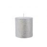 A cylindrical silver candle with a textured surface and a central wick.