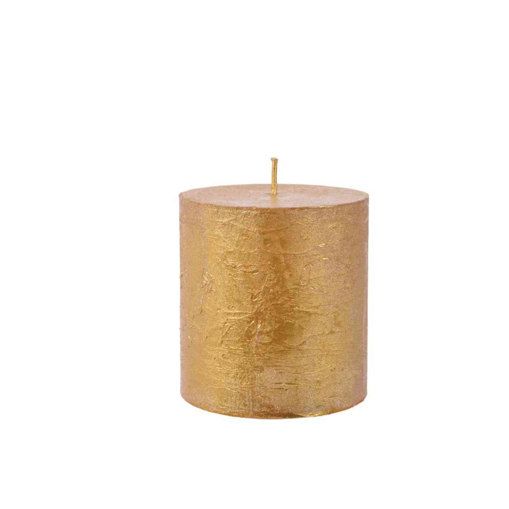 A cylindrical, shimmering gold candle with a smooth, textured surface.
