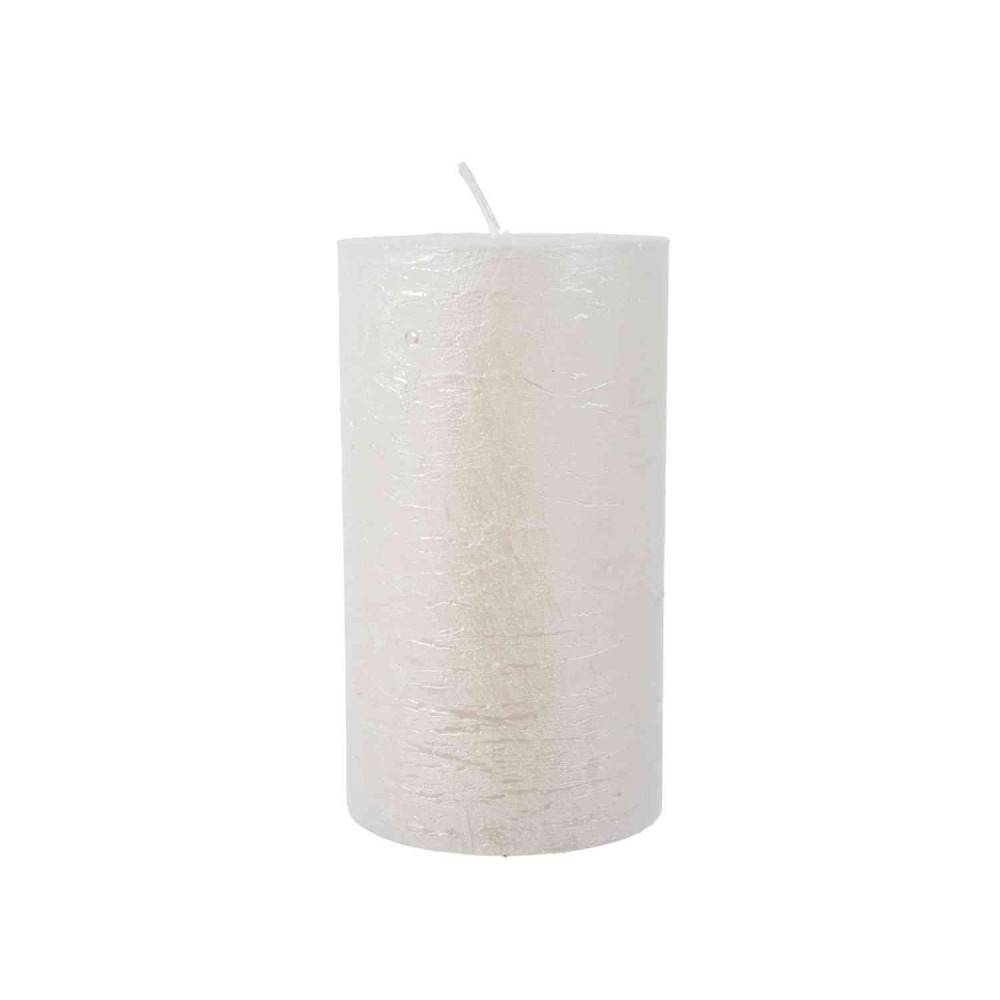 A tall, cylindrical candle with a shimmering, iridescent surface.
