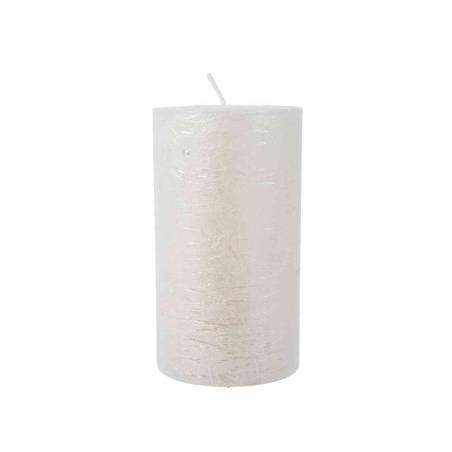 A tall, cylindrical candle with a shimmering, iridescent surface.