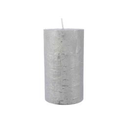 A shiny silver pillar candle with a smooth surface and a subtle texture.