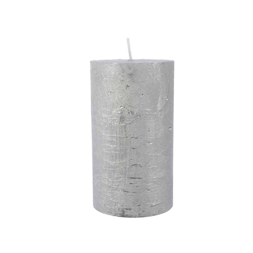 A shiny silver pillar candle with a smooth surface and a subtle texture.