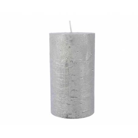 A shiny silver pillar candle with a smooth surface and a subtle texture.