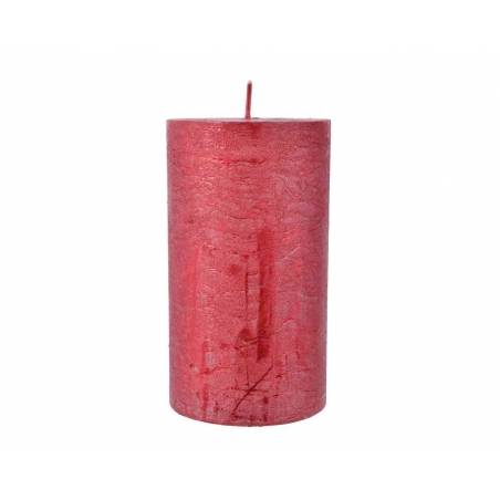 A tall, cylindrical candle in a vibrant red hue with a textured surface.