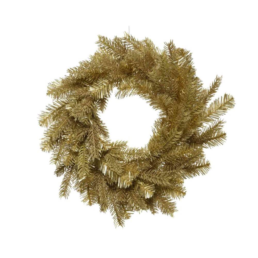 Gouden kerstkrans met glanzende takken en een open midden, feestelijk en elegant.