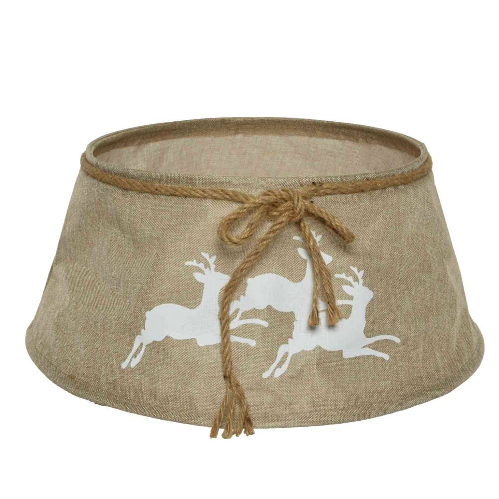 A rustic burlap basket featuring white reindeer silhouettes and a tied rope detail.