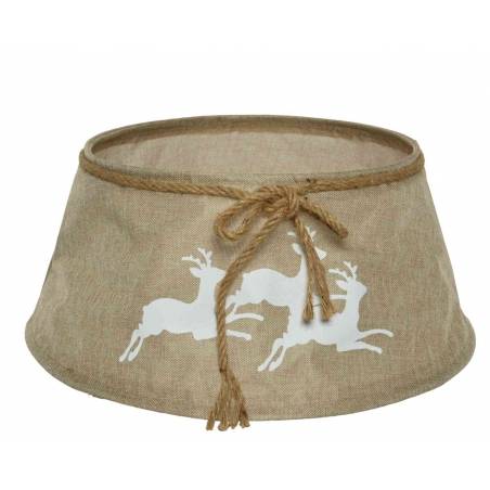 A rustic burlap basket featuring white reindeer silhouettes and a tied rope detail.