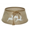 A rustic burlap basket featuring white reindeer silhouettes and a tied rope detail.