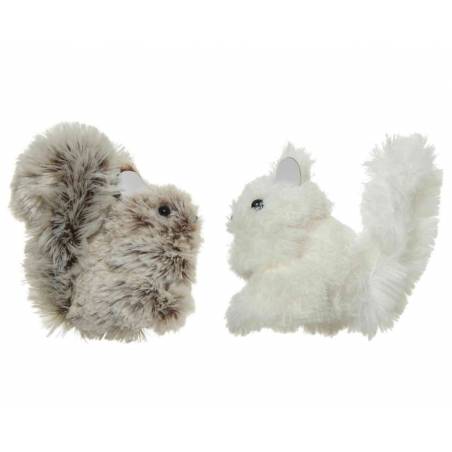 Two plush toys: a fluffy brown squirrel and a soft white cat, both with adorable features.