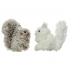 Two plush toys: a fluffy brown squirrel and a soft white cat, both with adorable features.