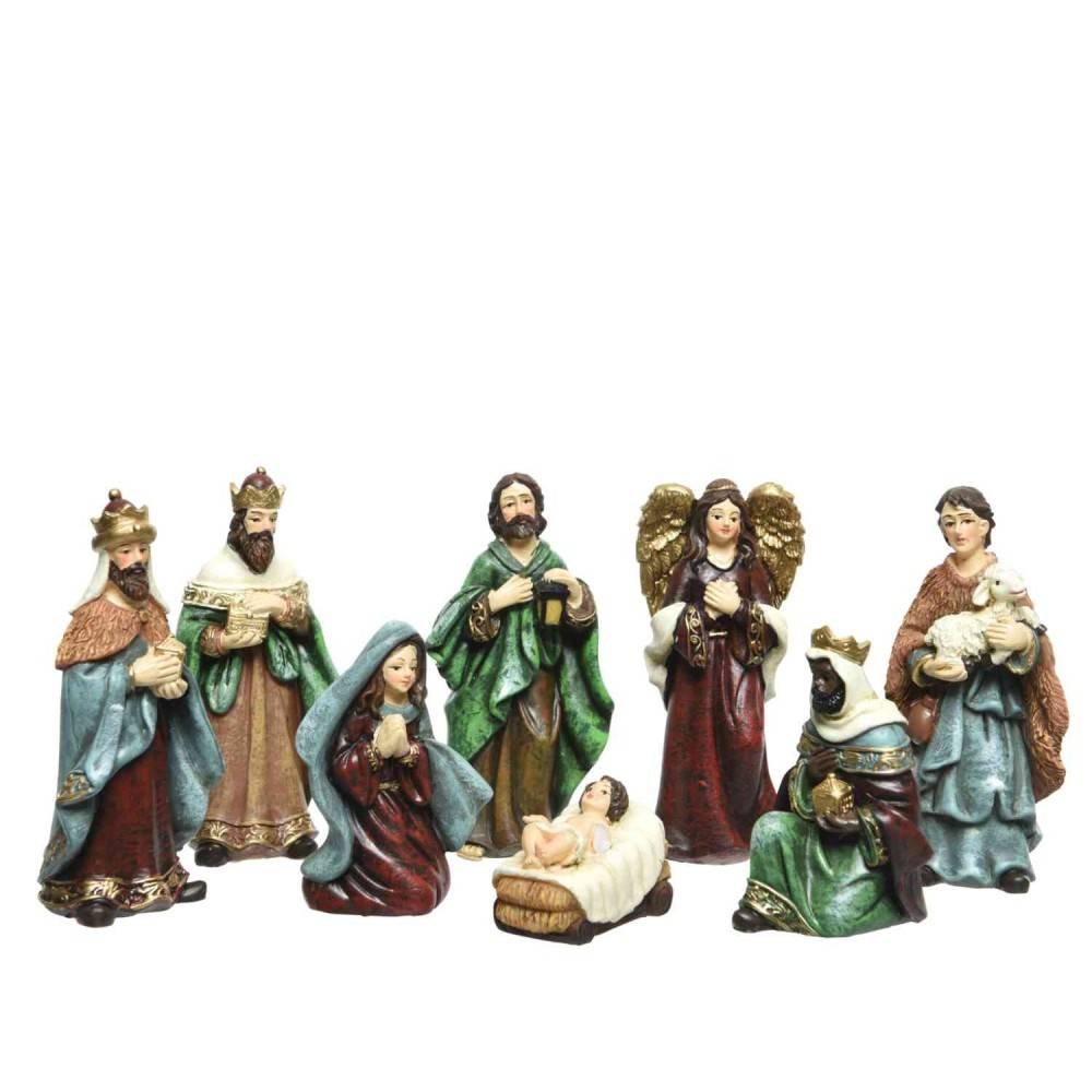 A colorful nativity scene with intricately detailed figurines of Mary, Joseph, and others.